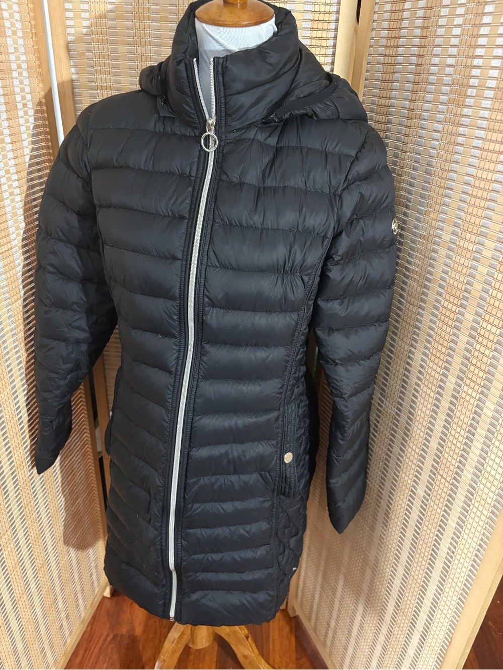 Michael Kors Black Long Quilted Puffer Coat with Hood